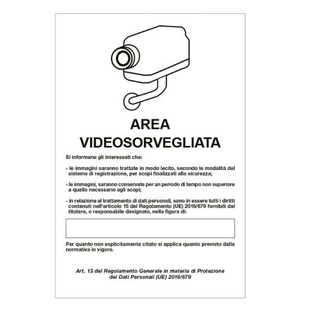 Cartello in alluminio Area videosorvegliata con registrazione - F.to: 20x30 cm
