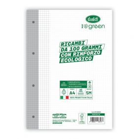 Ricambi rinforzati I love green - 100 g - banda ecologica - Rigatura 5M - Quadretto elementari e medie