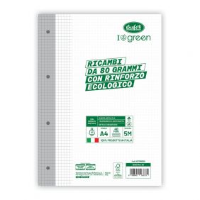 Ricambi rinforzati I love green - 80 g - banda ecologica - Rigatura 5M - Quadretto elementari e medie